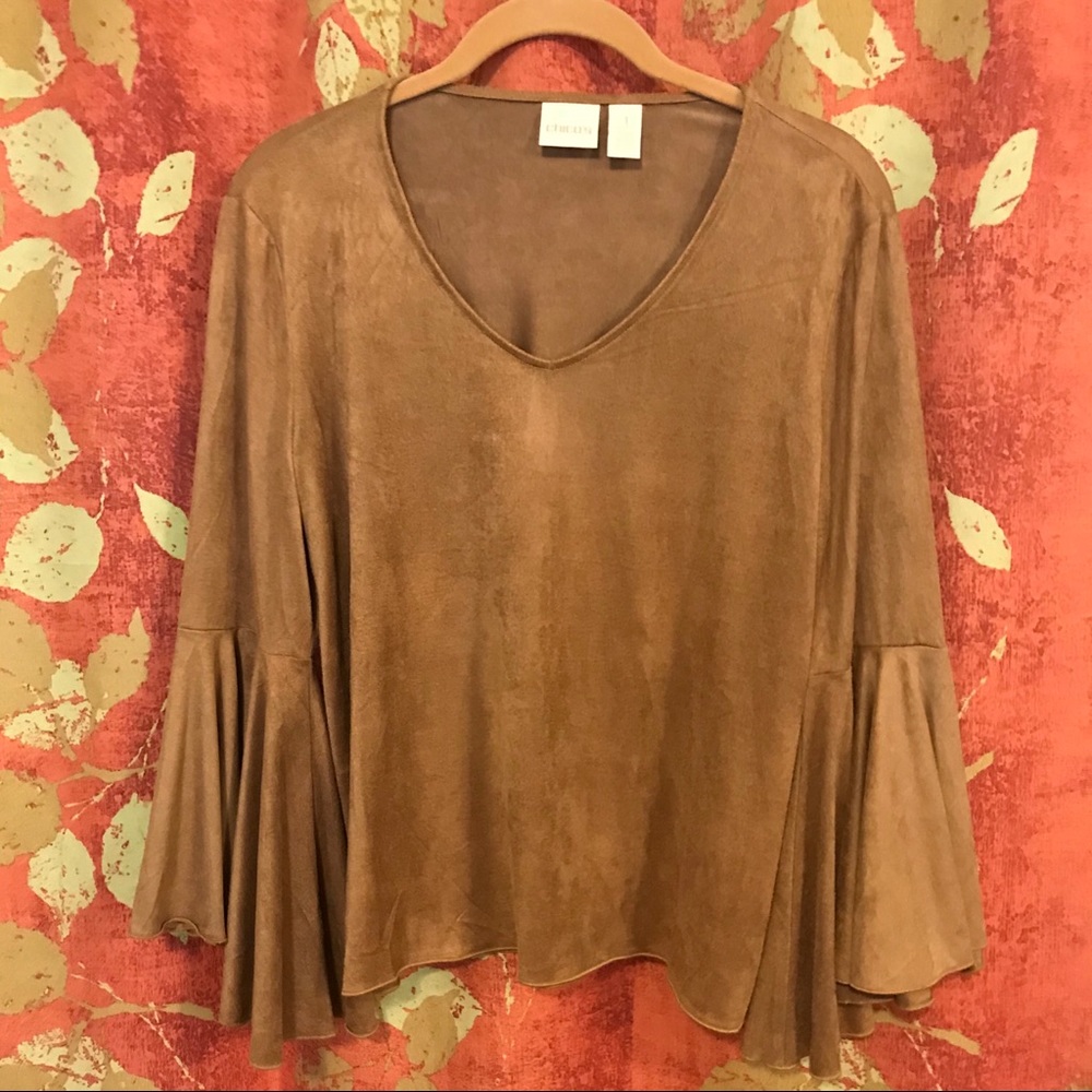 CHICO’S BURNT SUGAR FAUX SUEDE FLARE SLEEVE TOP CHICO’S SIZE 2 - Picture 4 of 10